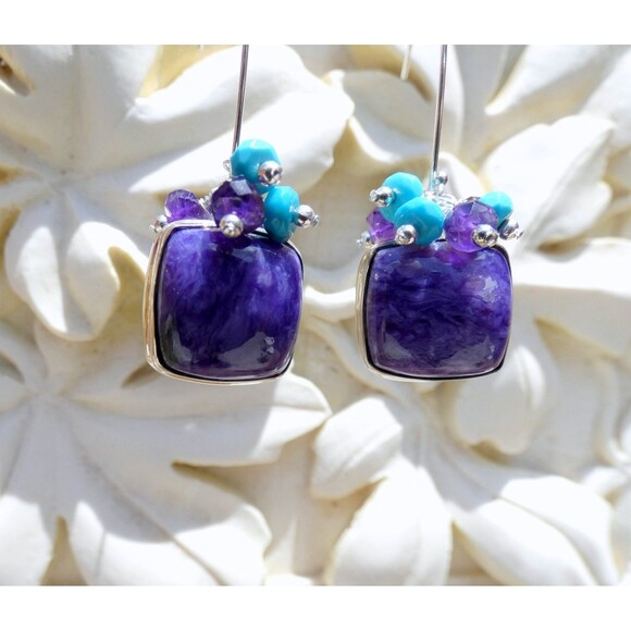 Purple Charoite - Amethyst - Turquoise Beaded Sterling Silver Earrings Handmade - Picture 6 of 6